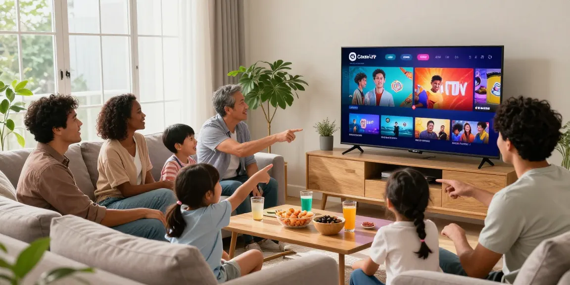 Família aproveitando IPTV em sala de estar iluminada, com TV de tela grande e clima acolhedor.