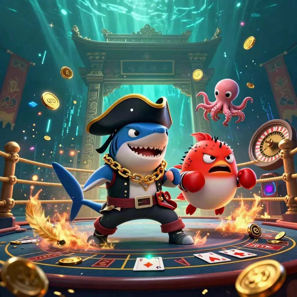 Tubarão pirata, baiacu bravo e polvo bebê com moedas em arena neon subaquática.