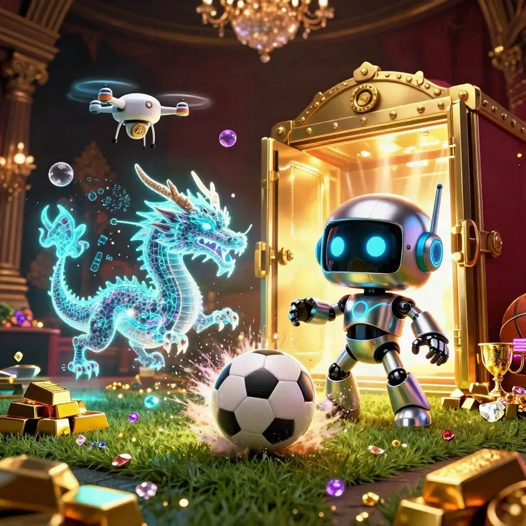 Robô cyberpunk, dragão holográfico e drone em ação com bola de futebol e tesouro dourado.