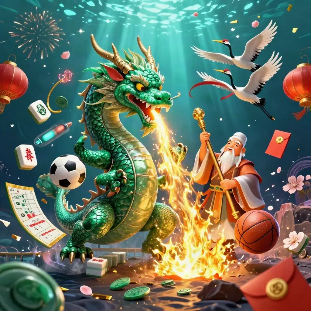 Dragão, tartaruga e garças com bolas, moedas, fogos e brilho neon em cena luxuosa.