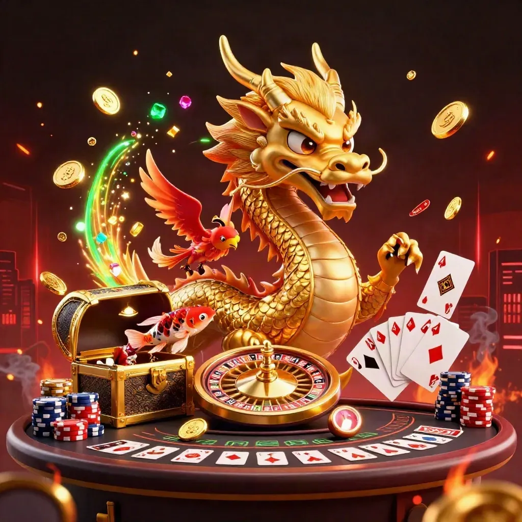 Dragão dourado, fênix vermelha e koi com luzes neon em cassino luxuoso.