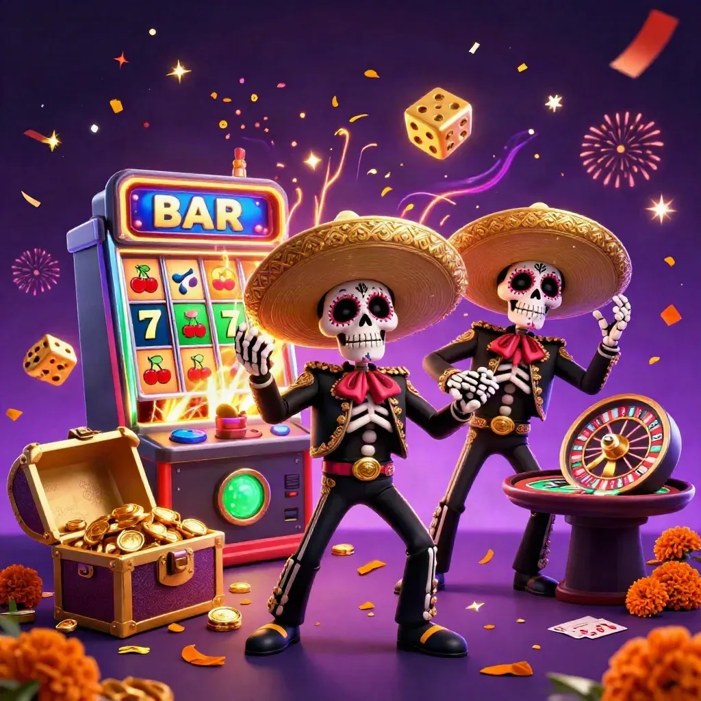 Trio de esqueletos mariachi ao estilo Dia de los Muertos com caça-níquel e ouro