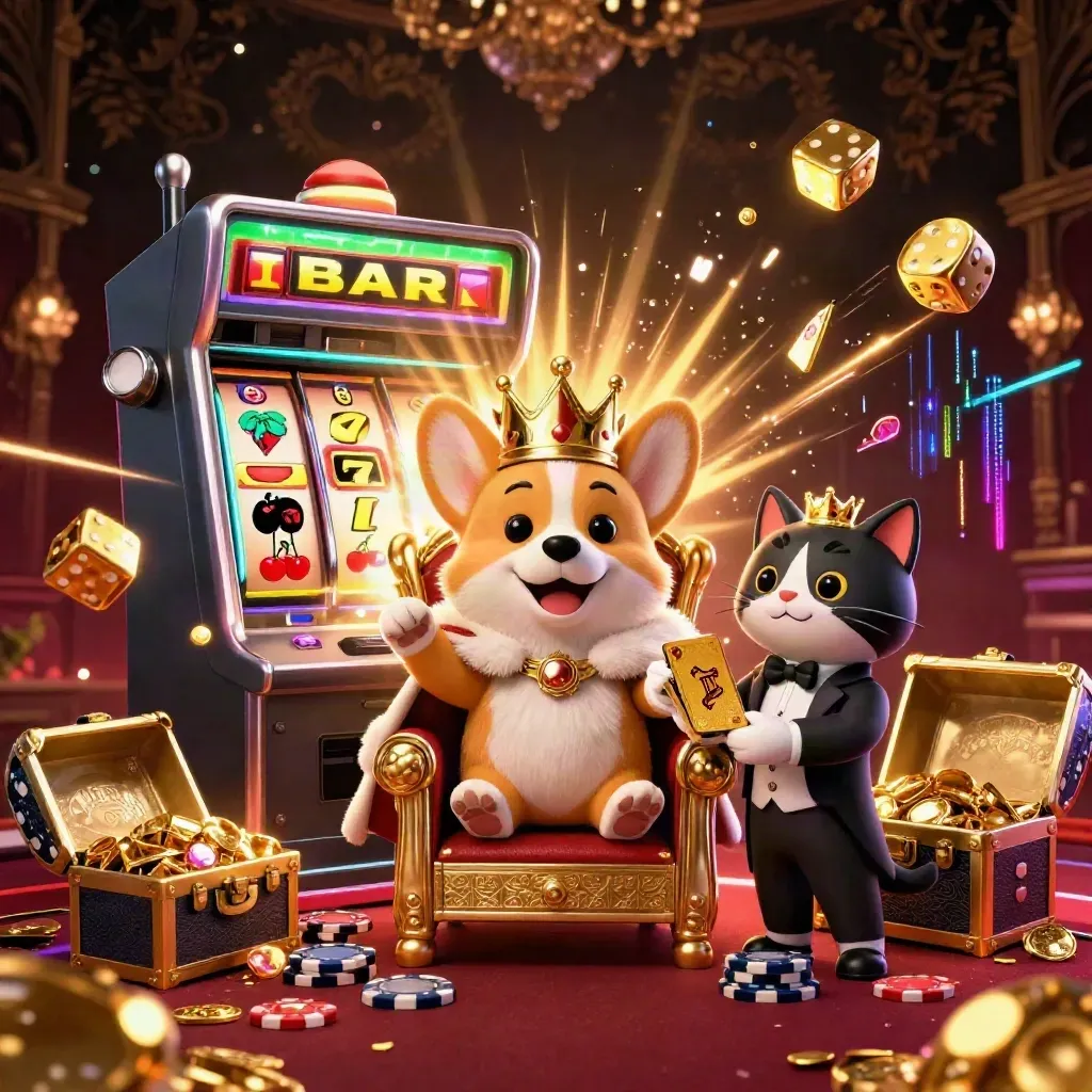 corgi rei e gato mordomo entre fichas, ouro, dados e relâmpagos num cassino luxuoso