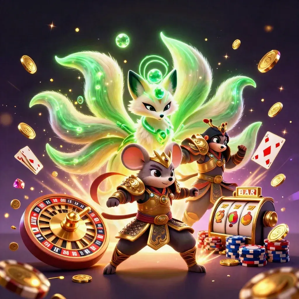 Raposa espiritual de nove caudas com rato samurai, moedas, roletas e brilho verde neon.
