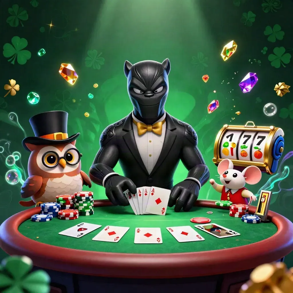 Pantera, coruja e rato em cassino neon com fichas, cartas e luzes douradas.