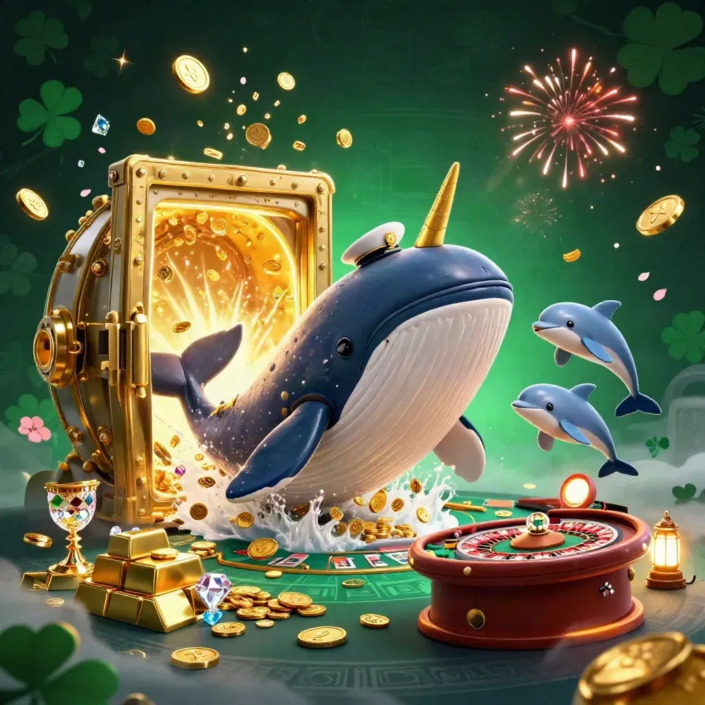 Baleia-cartoon gigante e narval em meio a moedas, cofres, cartas, fogos e luz dourada.