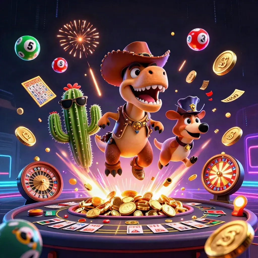 Cavalo T-Rex cowboy, cacto e roadrunner entre moedas, luz neon e clima VIP.