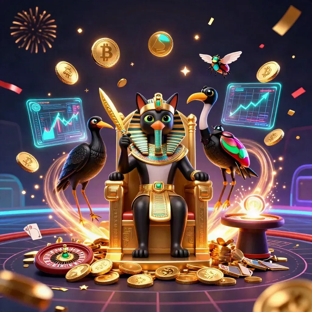 Gato faraó em trono dourado com íbis, escaravelhos, moedas e fogos num visual de cassino premium.