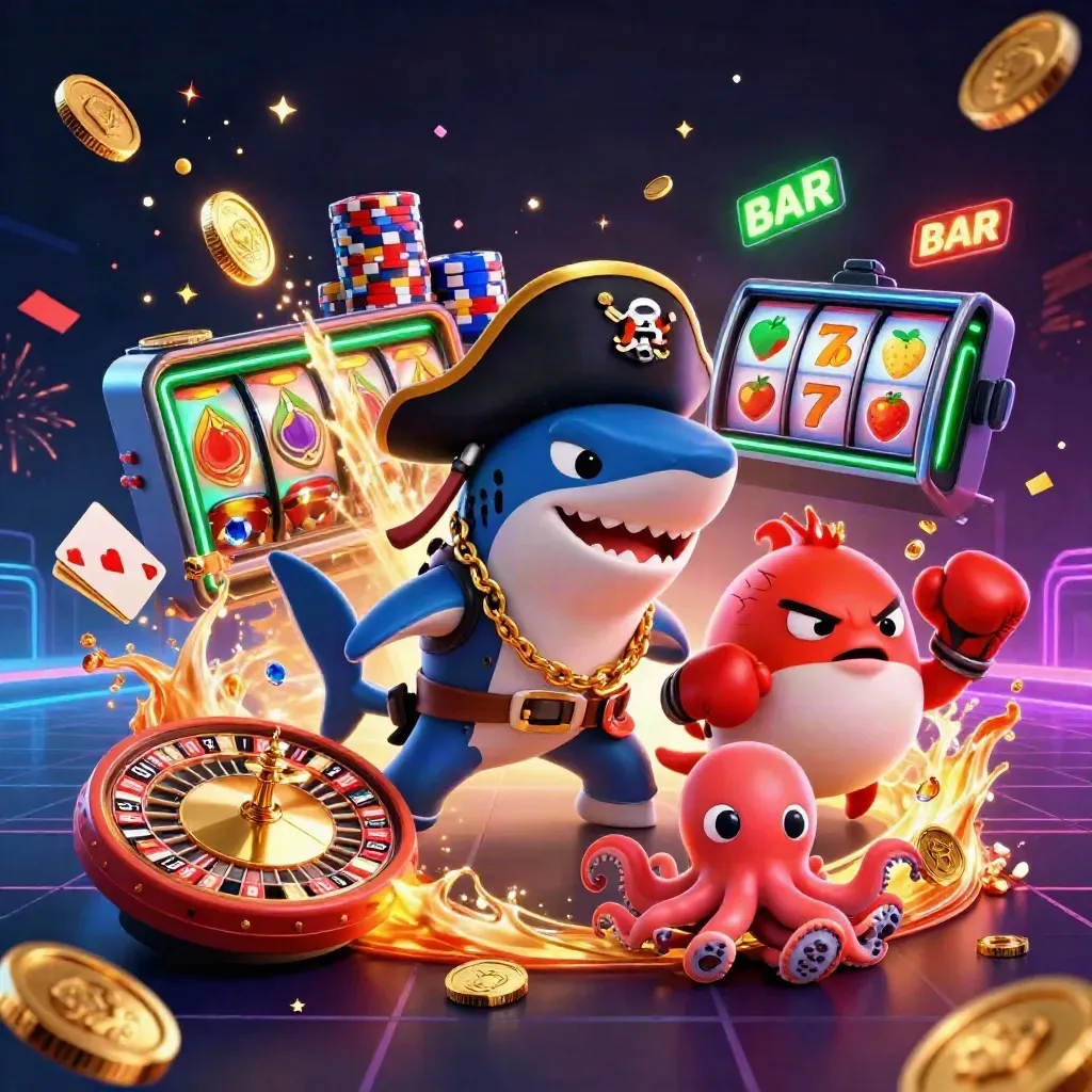 Shark pirata, baiacu e polvo bebê cercados por moedas, roleta e fichas em neon.
