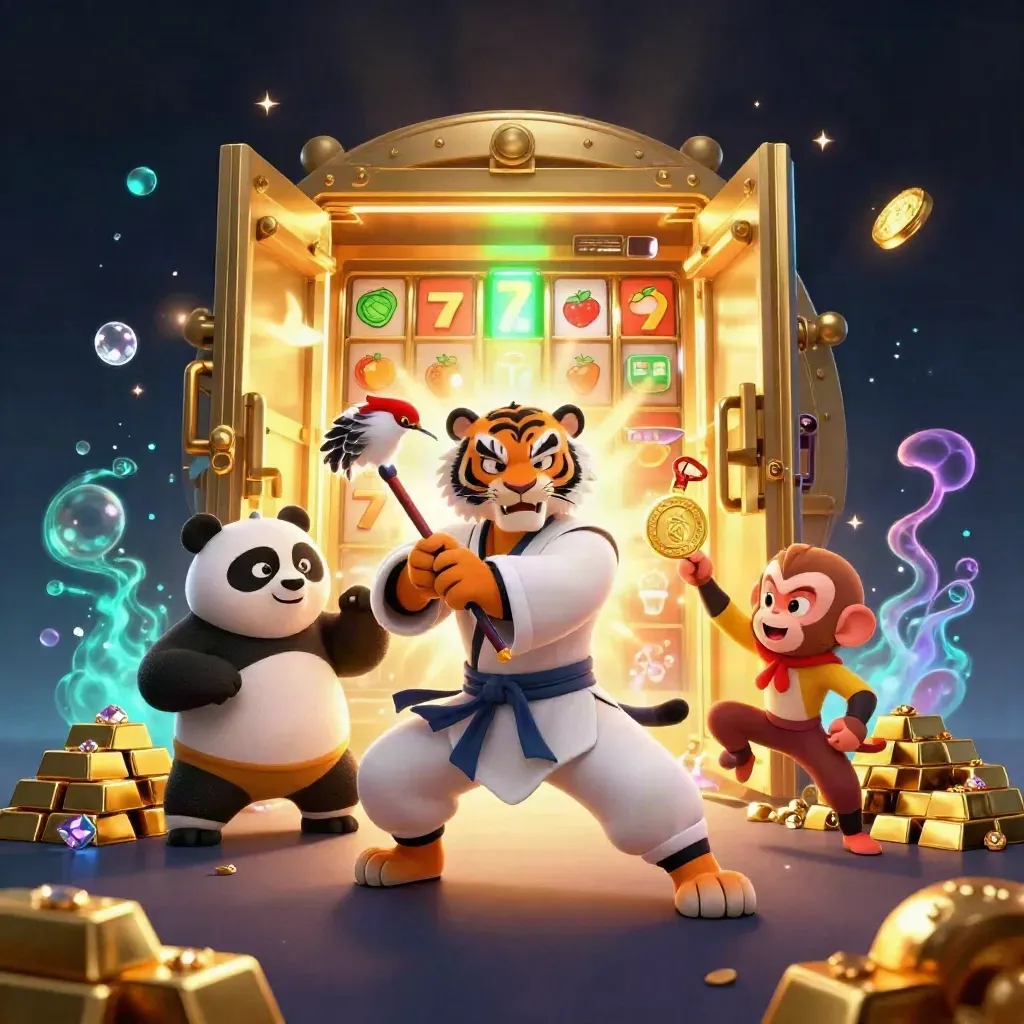 Tigre mestre, panda e macaco diante de cofre dourado com brilho neon.