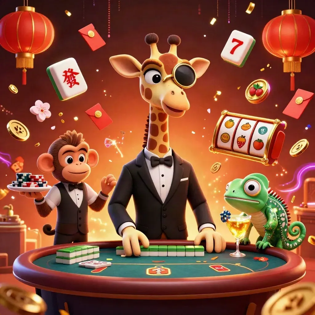Girafa de terno, macaco e camaleão em mesa VIP, com fichas, lanternas e moedas neon.